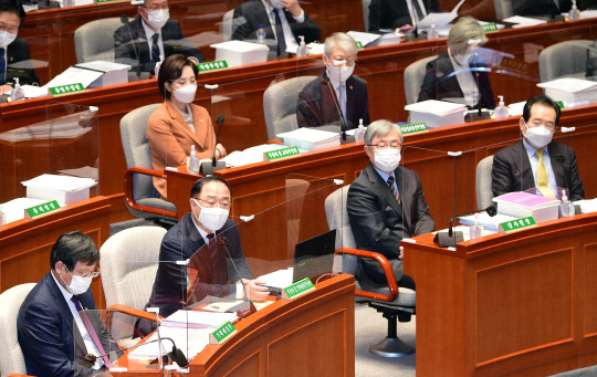 홍남기 부총리 겸 기획재정부 장관이 4일 국회에서 열린 예산결산특별위원회 전체회의에서 답변하고 있다. 연합뉴스